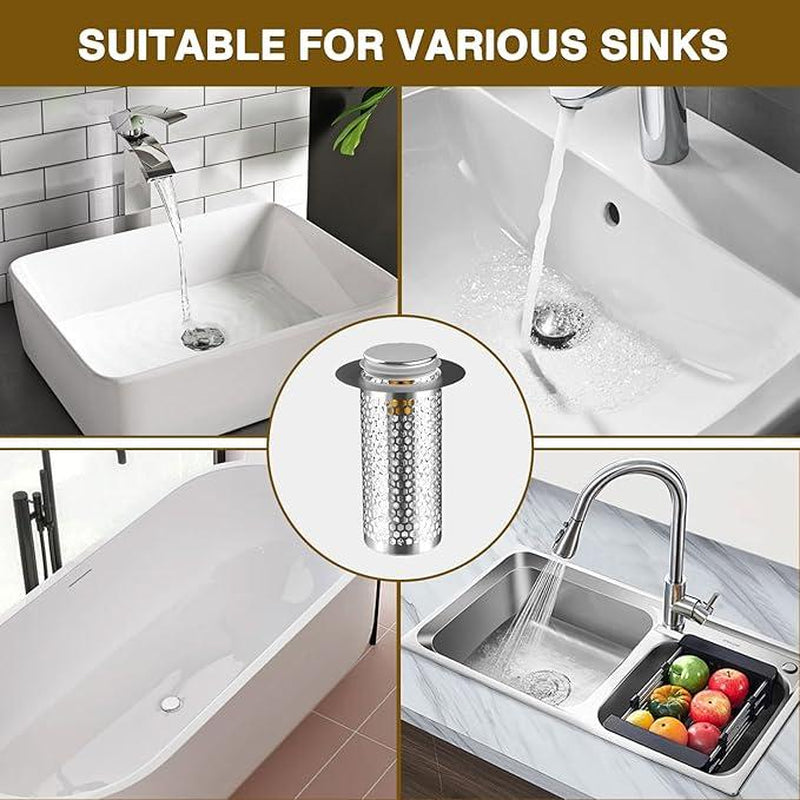 2Pack Pop-Up Bathroom Sink Drain Filter Catcher, 2025 New Stainless Steel Floor Drain Filter with Removable Stainless Steel Filter Basket for U.S. Universal Bathroom and Kitchen Sink Plug