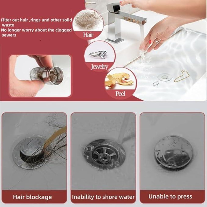 2Pack Pop-Up Bathroom Sink Drain Filter Catcher, 2025 New Stainless Steel Floor Drain Filter with Removable Stainless Steel Filter Basket for U.S. Universal Bathroom and Kitchen Sink Plug