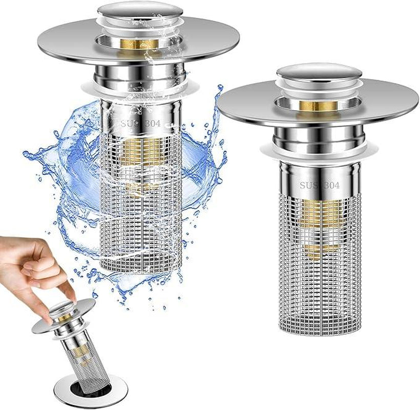 2Pack Pop-Up Bathroom Sink Drain Filter Catcher, 2025 New Stainless Steel Floor Drain Filter with Removable Stainless Steel Filter Basket for U.S. Universal Bathroom and Kitchen Sink Plug